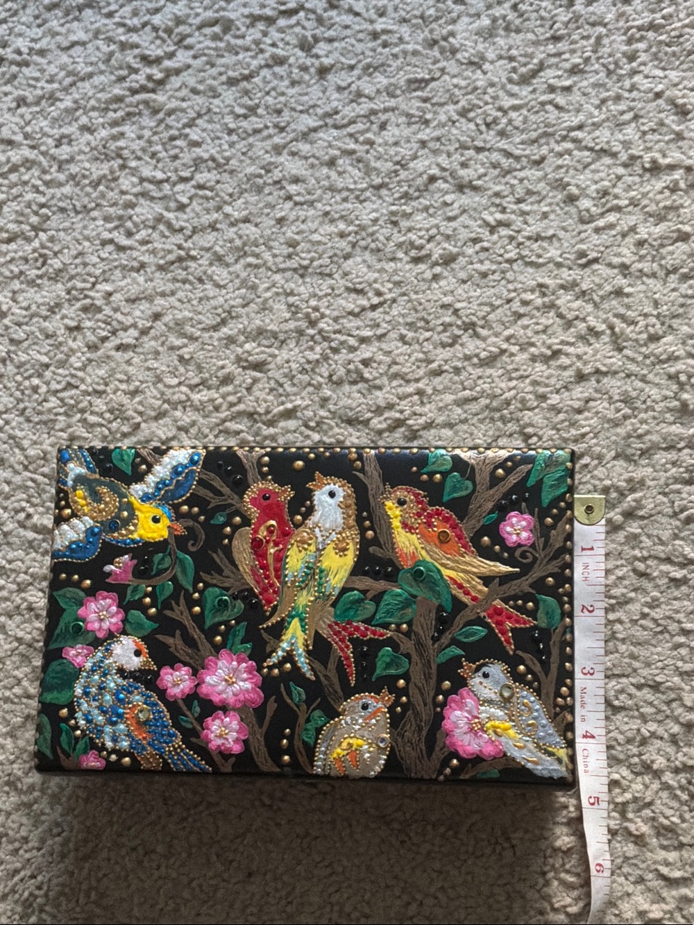 Floral Bird Embroidered Box Clutch in Black and Multicolor - Picture 4 of 11